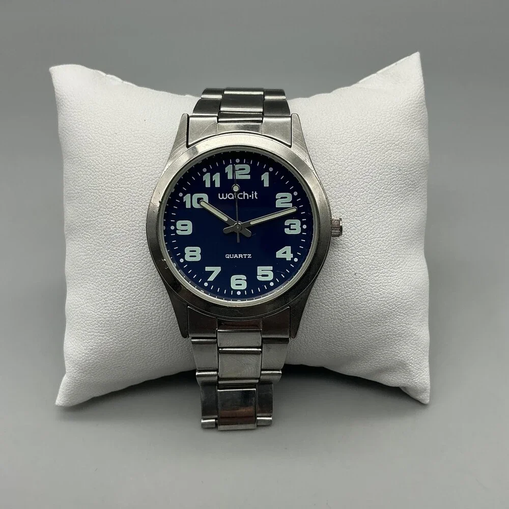 Watch-it Mens Watch 36mm Blue Dial Silver Tone Bracelet New Battery 8